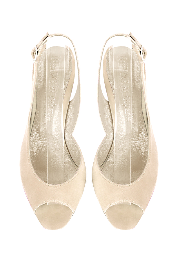 Dress heels peep-toe slingback in champagne white leather with medium comma heels and square toe - Top view